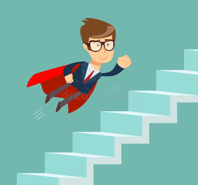 Flying Super businessman in red cape climbing stairs. stock illustration Flying Super businessman in red cape climbing stairs. stock illustration