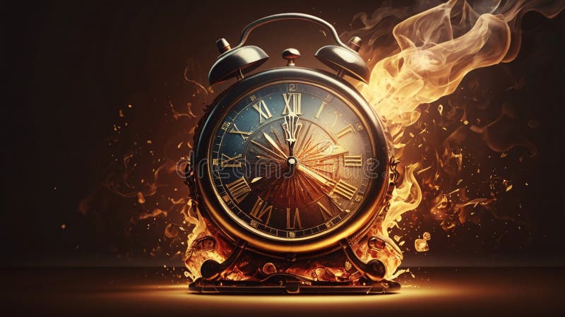 Flying Time Burning Clock, Clock on Fire, Fleeting Time, Run of the Time stock illustration