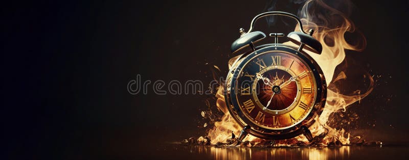 Flying Time Burning Clock, Clock on Fire, Fleeting Time, Run of the Time vector illustration