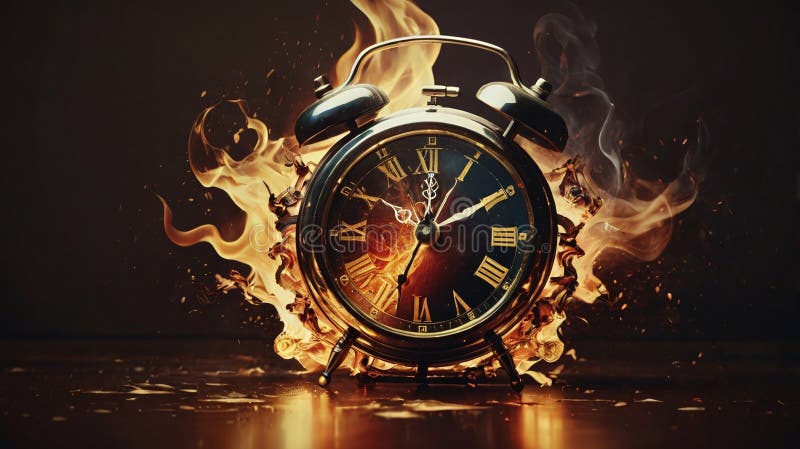 Flying Time Burning Clock, Clock on Fire, Fleeting Time, Run of the Time vector illustration