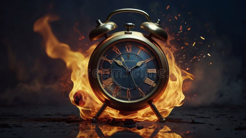 Flying Time Burning Clock, Clock on Fire, Fleeting Time, Run of the Time royalty free illustration