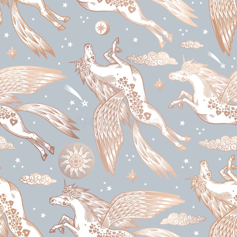 Flying Unicorns. Fantasy Animal Seamless Pattern. Gold and Blue Stock ...