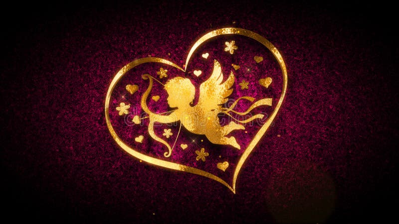 Flying Valentines Love Angel Cupid Heart Gold On Red Shiny Grainy Texture