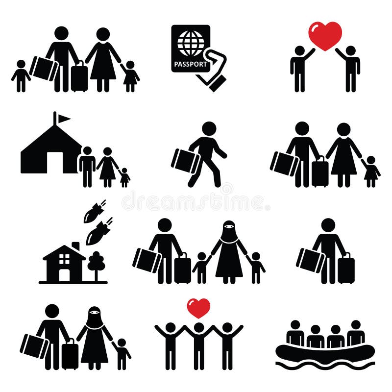 Flyktingen invandrare, familjer som kör i väg från deras landssymboler, ställde in stock illustrationer Flyktingen invandrare, familjer som kör i väg från deras landssymboler, ställde in stock illustrationer
