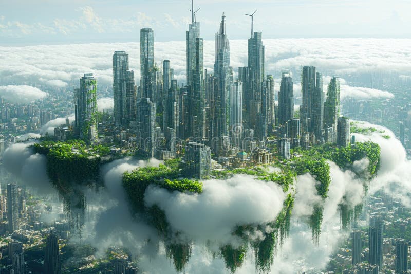 Flytande EcoCity : Futuristisk Metropolis på en molnö stock illustrationer