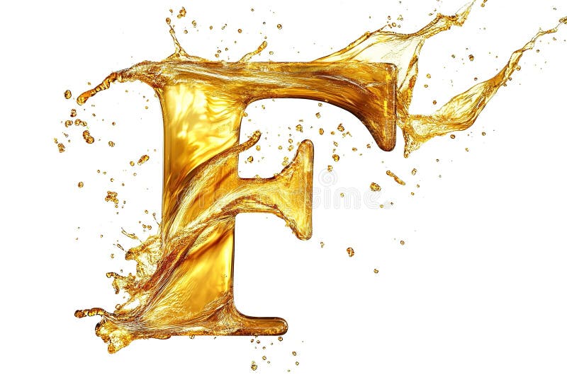 Flytande Gyllene Bokstaven F Spricker, Isolerad, på Vit Bakgrund. Dynamisk Flödande Vätska stock illustrationer