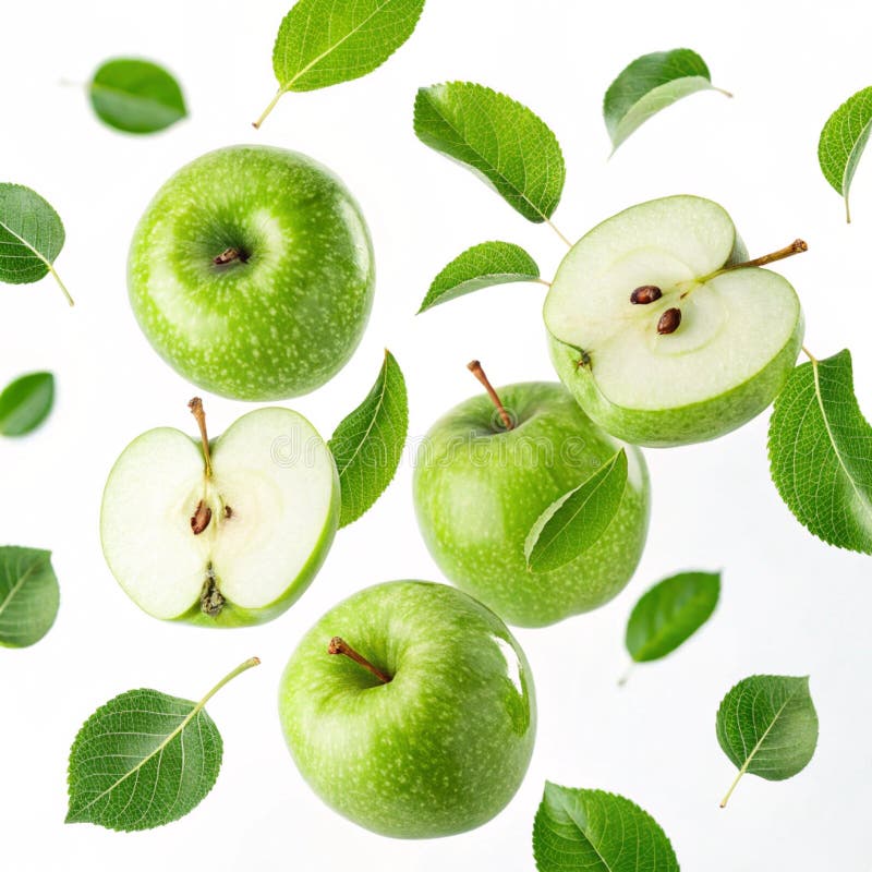 Flytande gröna äpplen och blad isolerade på vit bakgrund stock illustrationer