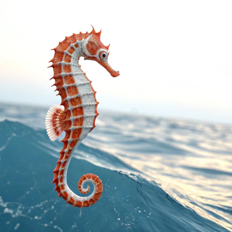 Flytande orange och vit sjöhäst i blå havsbakgrund 3D-rendering stock illustrationer