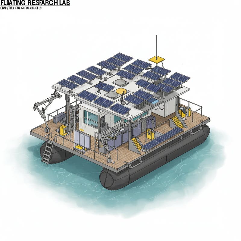 Flytande plattform har en modulstruktur som utformats för forskningsverksamhet. Solar royaltyfri illustrationer