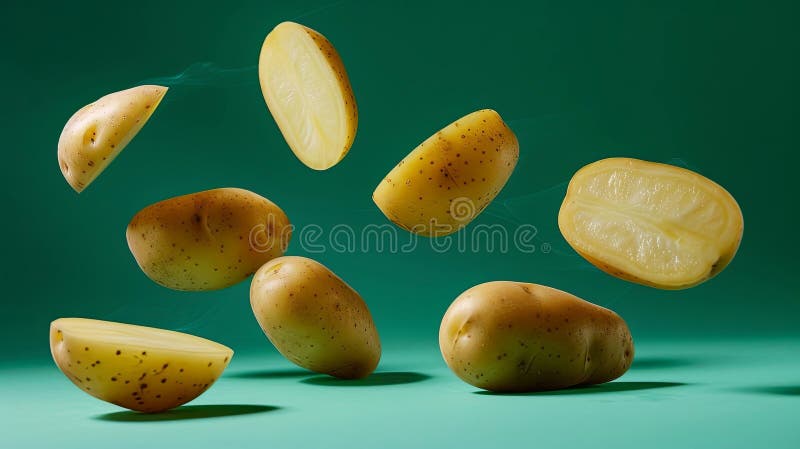 Flytande potatis i dynamisk rörelse mot en vibrerande tealbakgrund vektor illustrationer