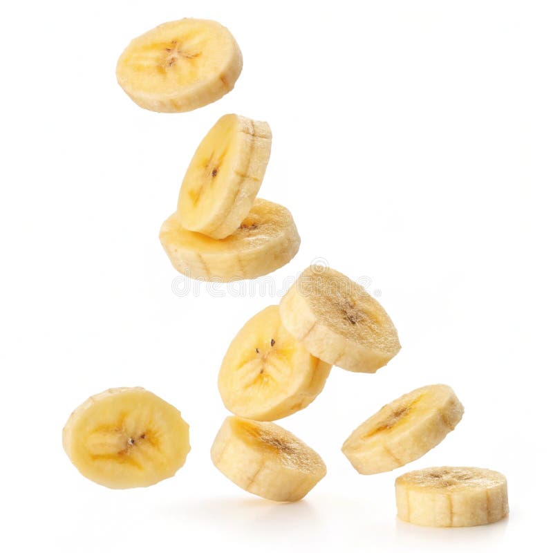 Flytande segment av bananer som faller isolerade på vit bakgrund stock illustrationer