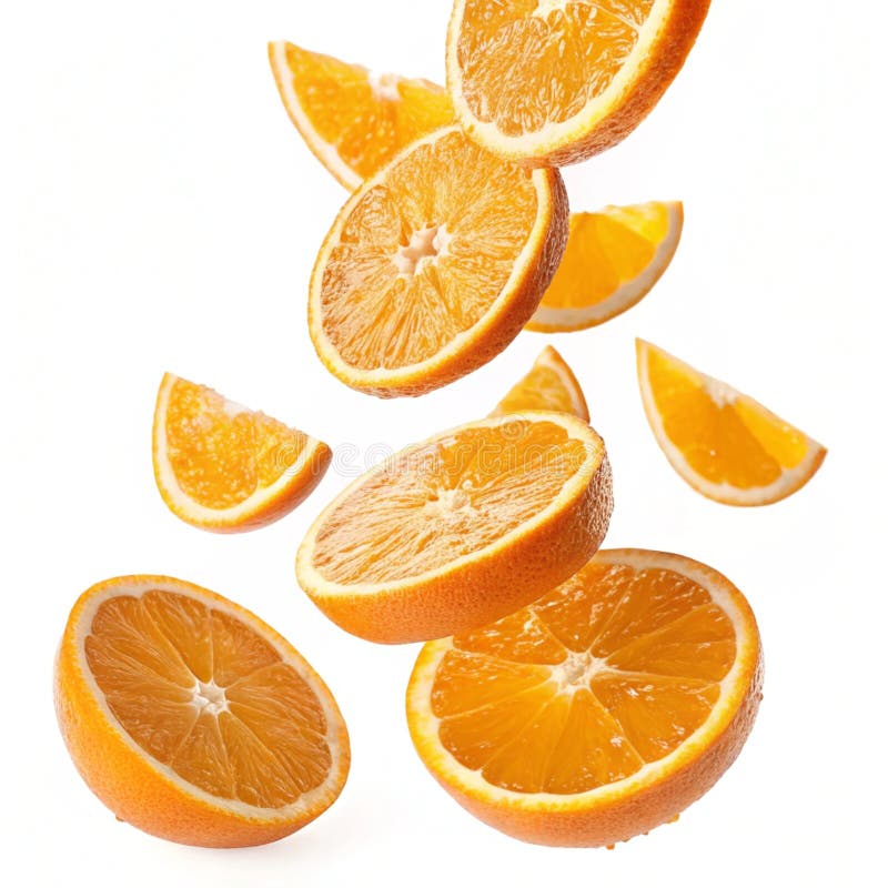 Flytande segment av orange som faller isolerade på vit bakgrund stock illustrationer