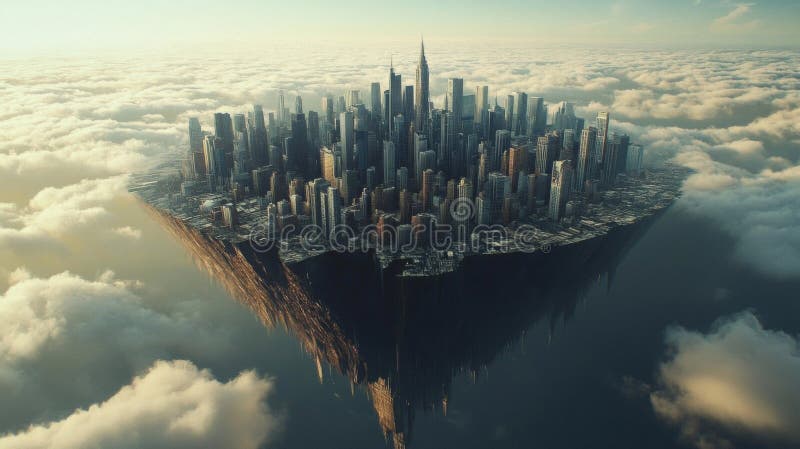 Flytande stad ovanför molnet : Aerialvy över en Futuristisk Metropolis royaltyfri illustrationer