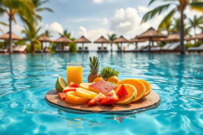 Flytande tropisk Pool Breakfast stock illustrationer