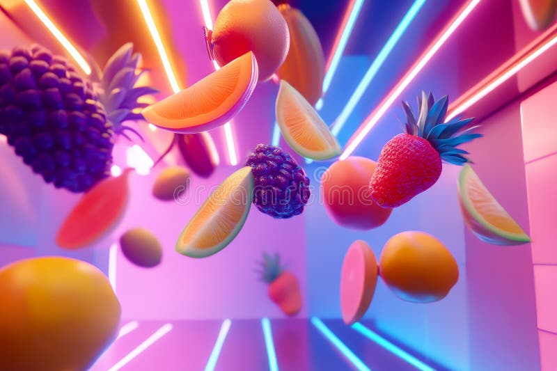 Flytande tropiska frukter med en glödande neonbakgrund med reflektion stock illustrationer