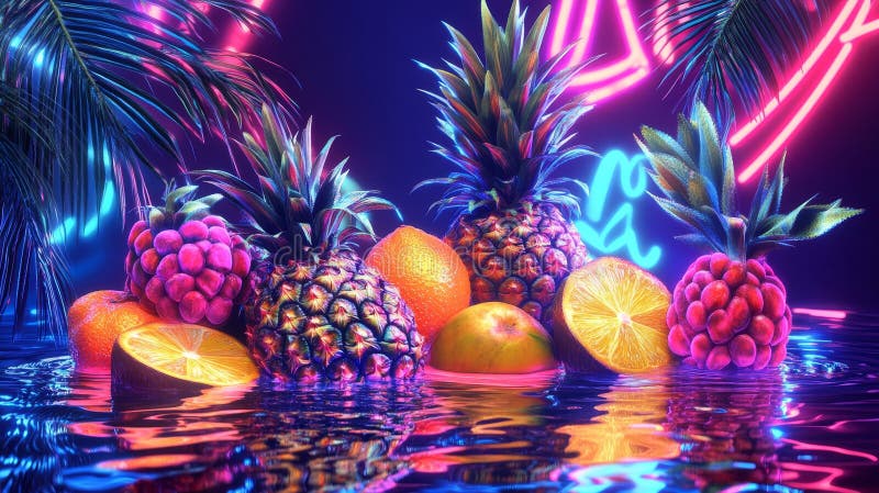 Flytande tropiska frukter med en glödande neonbakgrund med reflektion vektor illustrationer