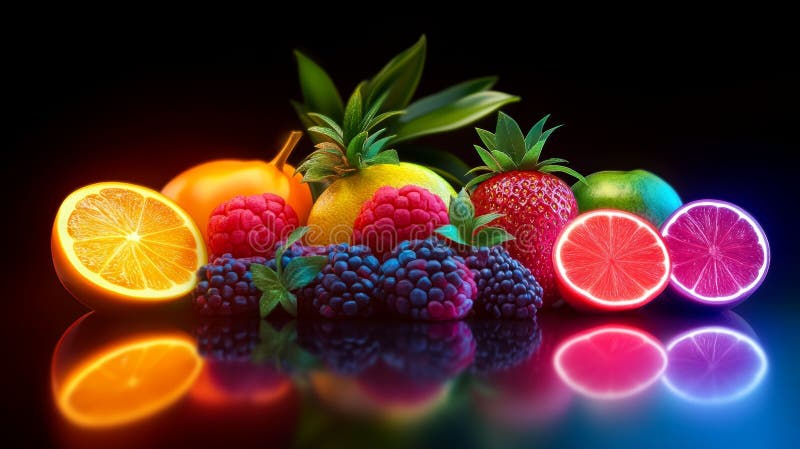 Flytande tropiska frukter med en glödande neonbakgrund med reflektion vektor illustrationer