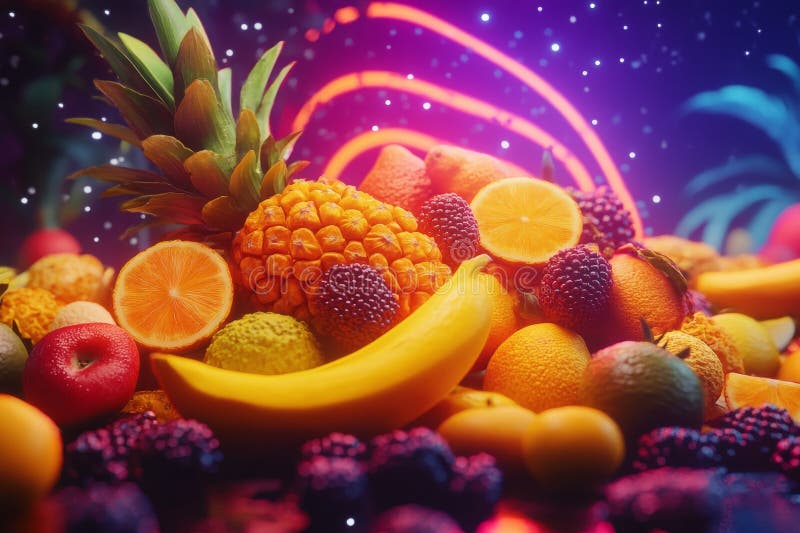 Flytande tropiska frukter med en glödande neonbakgrund med reflektion stock illustrationer
