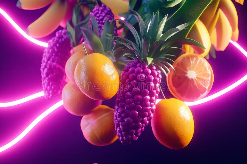 Flytande tropiska frukter med en glödande neonbakgrund med reflektion royaltyfri illustrationer