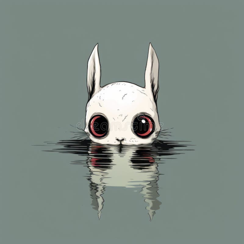 Flytande vit bunny : en mörkt söt och minimalistisk neonomikoninspirerad illustration stock illustrationer