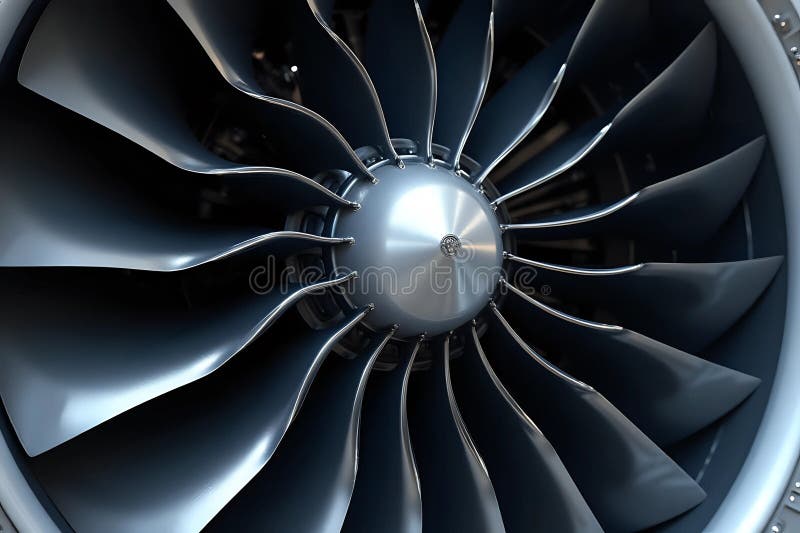 Fläktblad i moderna flygplansmotorer med turbojetmotorer.. makrobild royaltyfri illustrationer