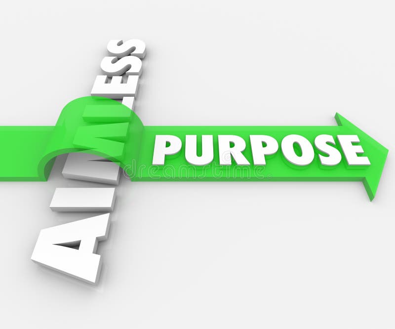 Purpose word on a green arrow over Aimless in 3d white letters to illustrate an assignment, job, task, work or objective giving your lfe meaning. Purpose word on a green arrow over Aimless in 3d white letters to illustrate an assignment, job, task, work or objective giving your lfe meaning