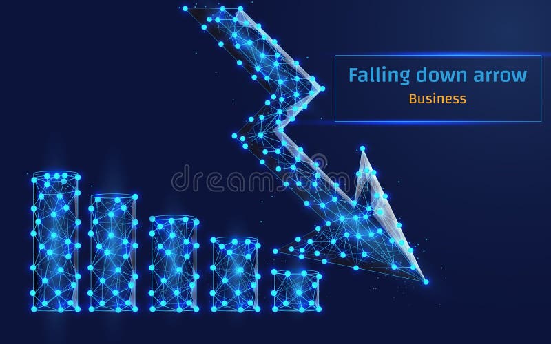 Arrow down which means falling stocks graph, negative scenario for business, problems in economy, global world crysis, financial troubles, etc.,plexus,vector illustration,wireframe,low poly,isolated.plexus. Arrow down which means falling stocks graph, negative scenario for business, problems in economy, global world crysis, financial troubles, etc.,plexus,vector illustration,wireframe,low poly,isolated.plexus