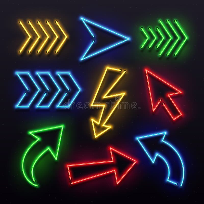 Flèches au néon réalistes Lumières de lampe de signe de flèche de nuit Signes brillants de pointe de flèche et ensemble direction