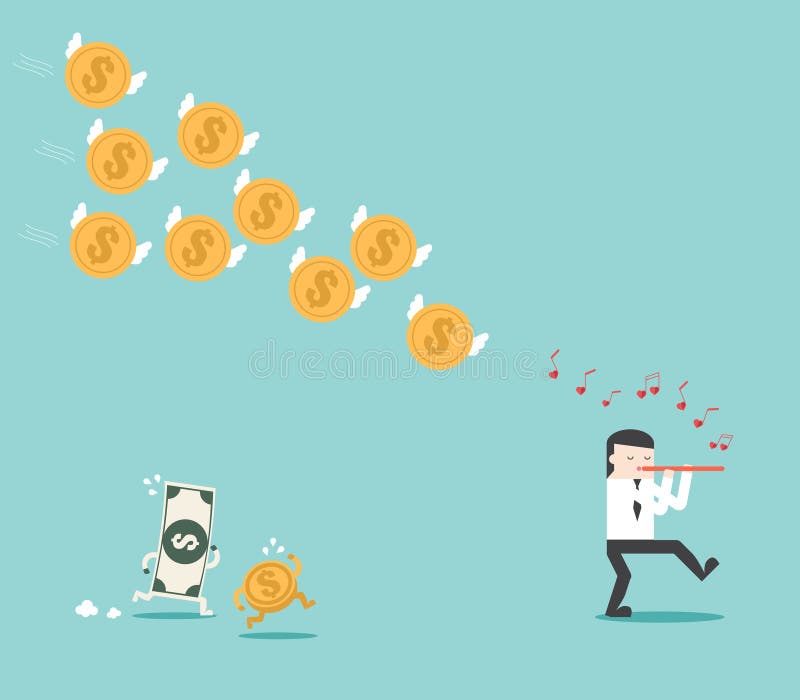 Flûte soufflée appelez la pièce dollar suivez l'homme d'affaires. histoire de métaphore du pied piper de hamelin. design plat pour les entreprises marketing financier vente bancaire publicité contenu numérique illustration
