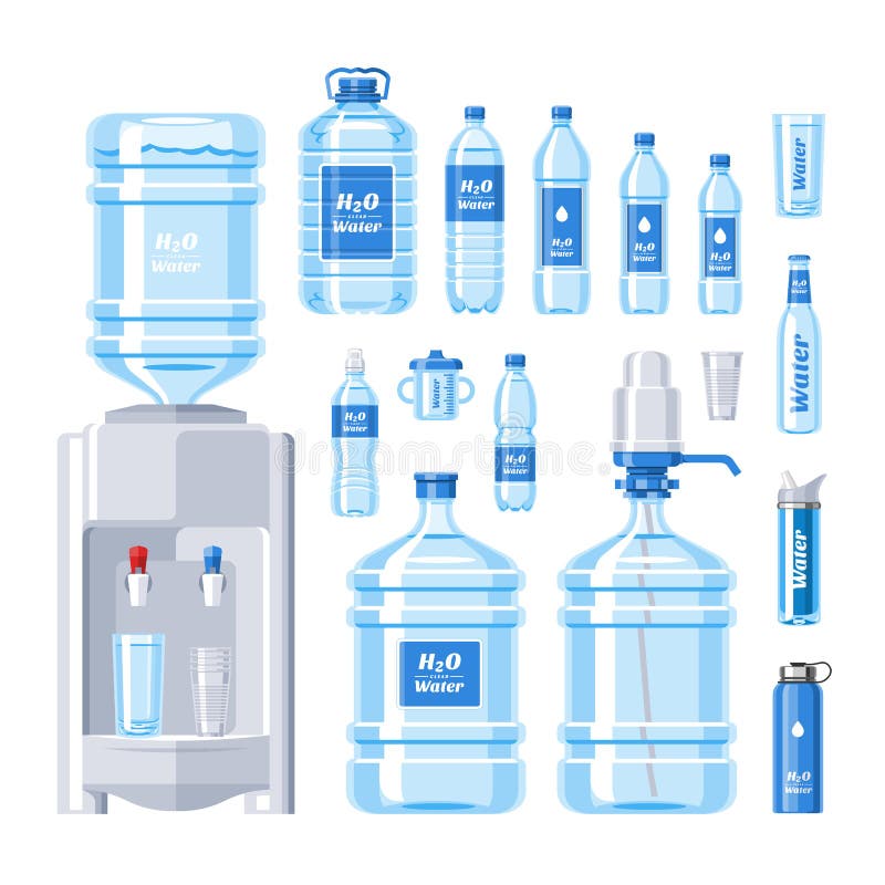 Flüssiges Aqua des Wasserflaschen-Vektorwasser-Getränks abgefüllt im Plastikbehälter-Illustrationssatz abfüllendem Wasserspender lizenzfreie abbildung
