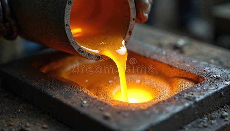 Flüssigvergoldung in Graphitform. Fachkundige Metallarbeiten zeigen einen schönen Formprozess. Hochauflösende Ansicht stock abbildung