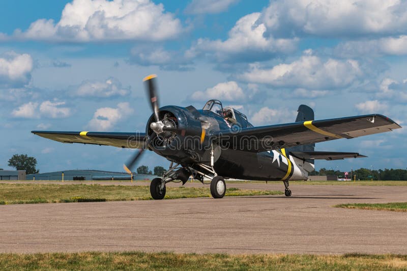 EDEN PRAIRIE, MN - JULY 16, 2016: FM-2 Wildcat taxis in at air show. The FM-2 was a front line fighter during World War II.