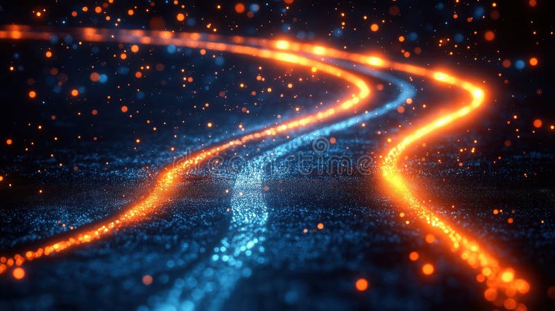 Foaia de parcurs digitală pentru progresul tehnologic arată căi luminoase. interacțiunea dinamică a luminilor portocalii albastre. stock illustration