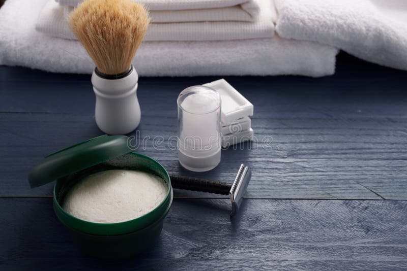 Foam, Shaving Brush and Shaving Blade on the Table Stock Photo Image