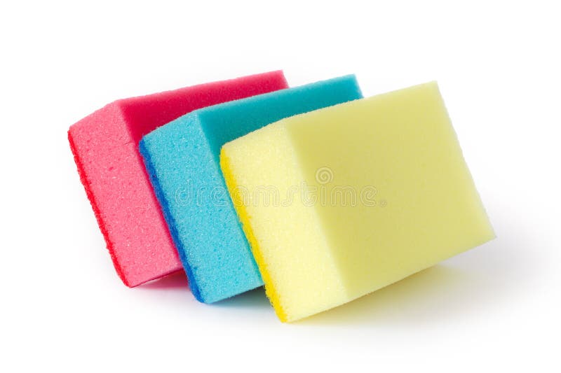 Foam sponges for washing dishes on a white background. Three multi-colored foam sponges. Multi colored foam sponges stock images, royalty-free photos and pictures