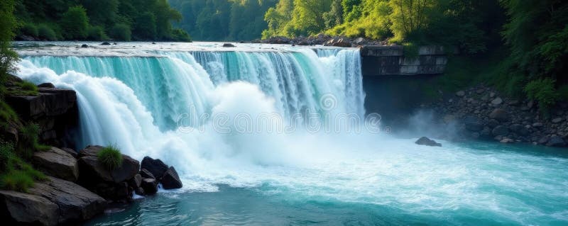 Foaming river fed by powerful waterfall plunge, vibrant, mist, texture vector illustration