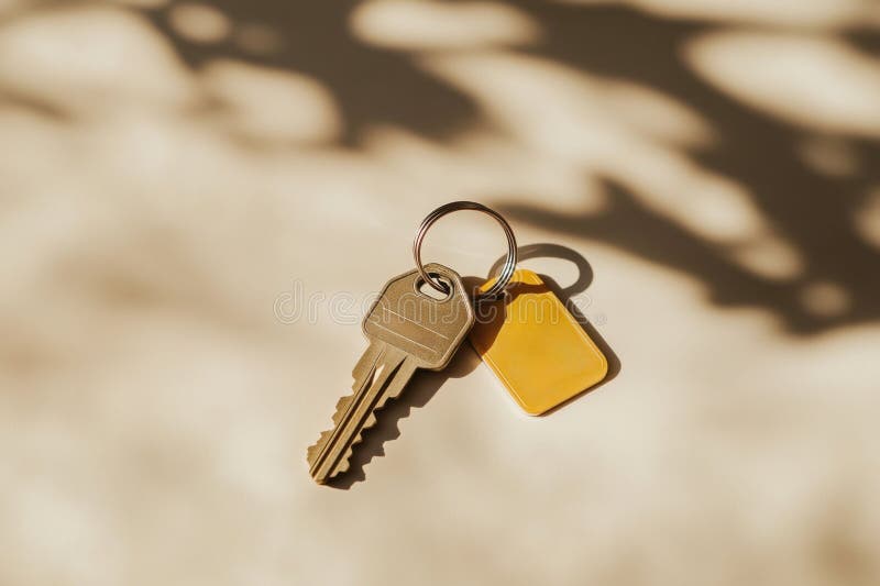 Fob minimaliste avec une étiquette jaune vibrante reposant sur une surface douce à midi image stock