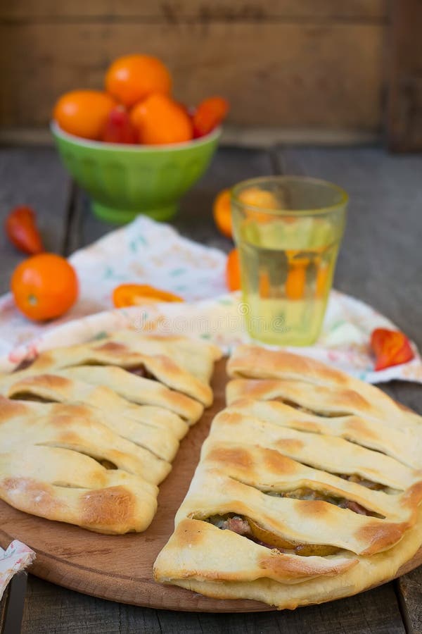 Focaccia with Blue Cheese, Pear and Bacon Stock Photo Image of pear