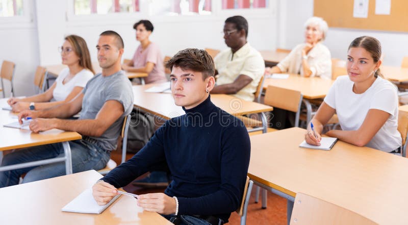 Focado que frequenta cursos de línguas estrangeiras para adultos imagens de stock royalty free