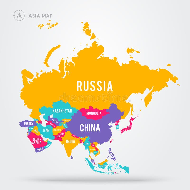 Focalícese colorido del mapa del ejemplo del vector en países asiáticos. Los estados de Asia con las etiquetas de nombre.