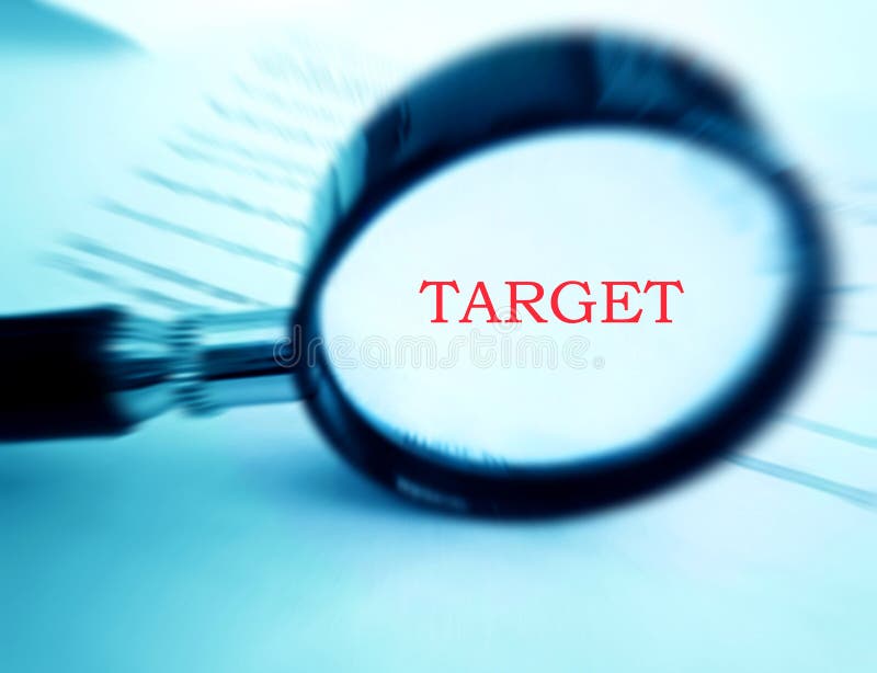 Right on target - A magnifying glass used focused on the word target in bold and red color. Conceptual image for focusing on the aim and target, and goal setting. Simple composition with copy space. nobody in picture. Right on target - A magnifying glass used focused on the word target in bold and red color. Conceptual image for focusing on the aim and target, and goal setting. Simple composition with copy space. nobody in picture.