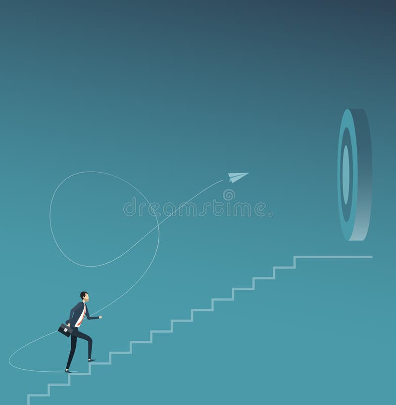 Foco plano del hombre de negocios del vector y el caminar al concepto de la blanco de la meta de negocio ilustración del vector Foco plano del hombre de negocios del vector y el caminar al concepto de la blanco de la meta de negocio ilustración del vector