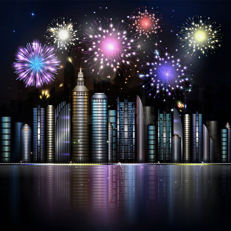 Focuri de artificii peste noapte oraș cu reflexie în fluviu. oraș vector w vector illustration