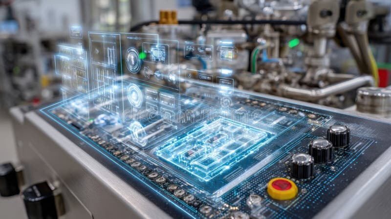 Focus on the automated control panel of the encapsulation skid displaying intricate knobs and digital screens that stock image