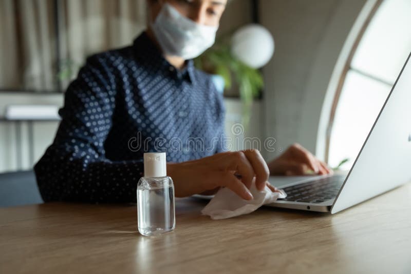 Focus On Bottle With Antiseptic Alcohol Based Liquid Standing On