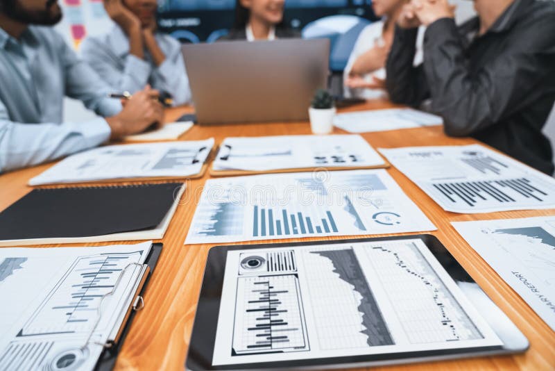 Focus dashboard paper showing graphs and chart with blurred background. Concord vector illustration