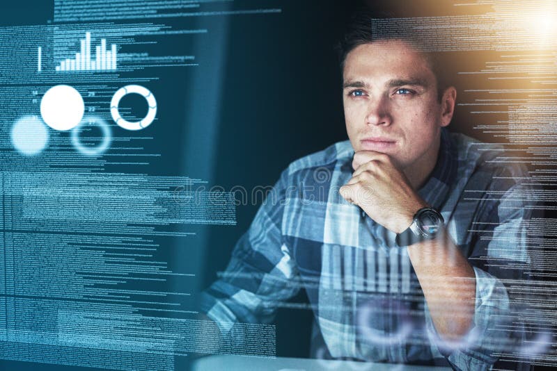 Focus, hologram and man with programming, digital software and cyber security with database, research and charts. Male royalty free stock images