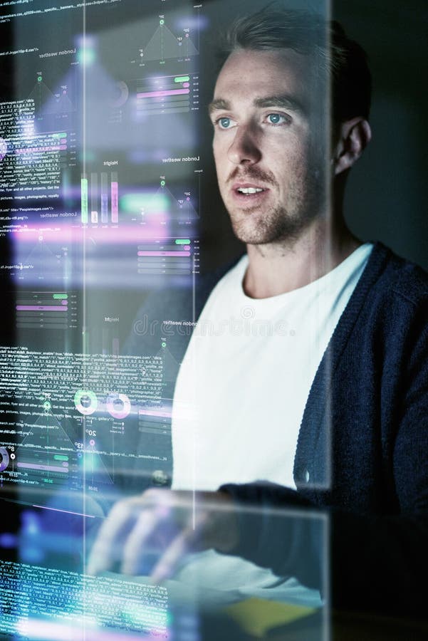 Focus, man and programmer with hologram, cyber security and futuristic with digital software, research and data royalty free stock photo