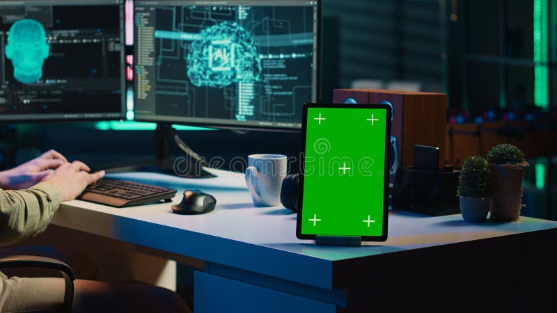 Focus on mockup tablet next to programmer updating artificial intelligence stock image