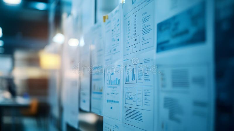 A focus on multiple documents displayed on a wall, reflecting business processes and organizational information royalty free illustration